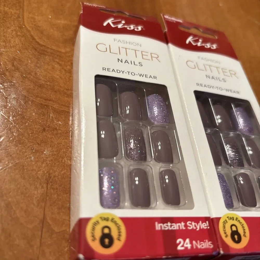 KISS NAILS GLUE ON Fashion Glitter Purple Medium LENGTH COFFIN BALLERINA SHAPE